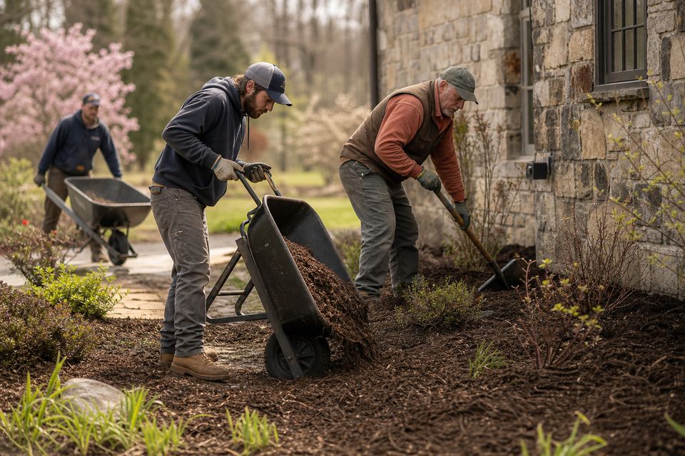 Crew spreading mulch around foundation plantings