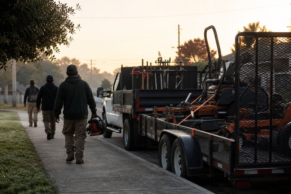 Landscaping truck and trailer at the curb at dawn