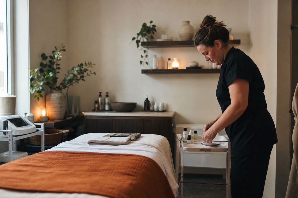 Practitioner prepping a tray in a med-spa treatment room