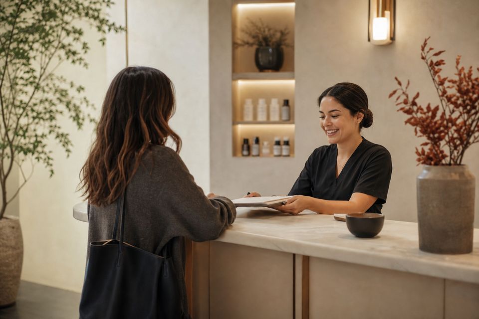 Client checking in at a med-spa reception desk