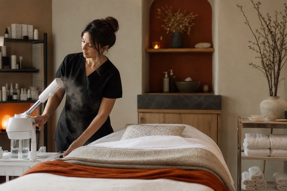 Esthetician setting up a facial treatment room