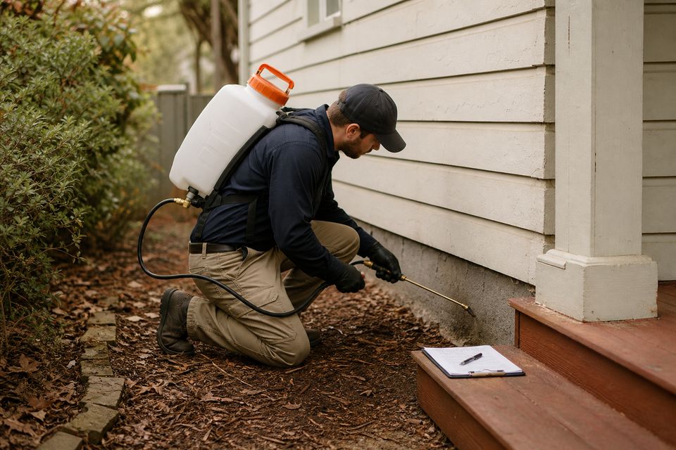 Pest tech treating a home foundation line with a backpack sprayer