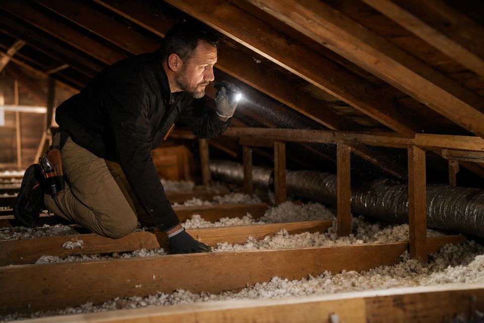 Pest control technician inspecting an attic with a flashlight