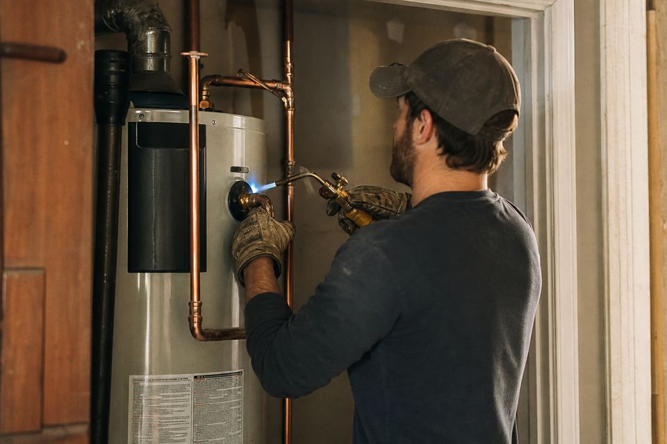 Plumber installing a water heater in a utility closet
