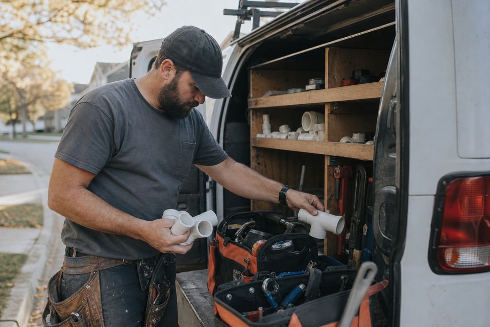 Plumber loading fittings into a work van at the curb