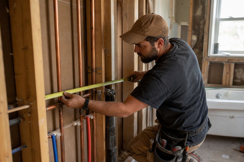 Rough-in plumbing pipes in an unfinished bathroom wall