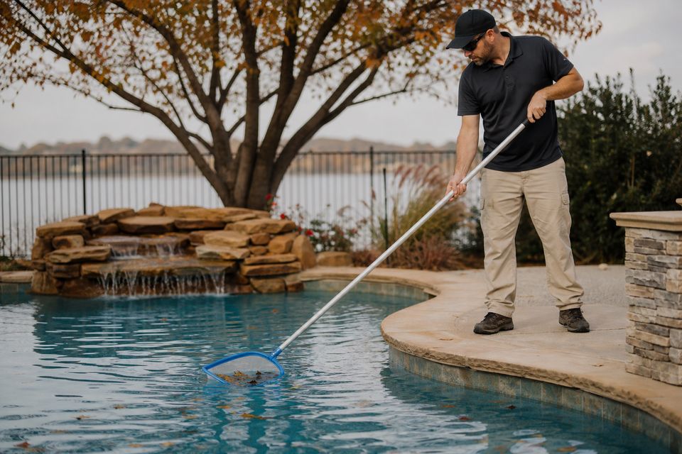 Pool tech skimming leaves from an inground pool