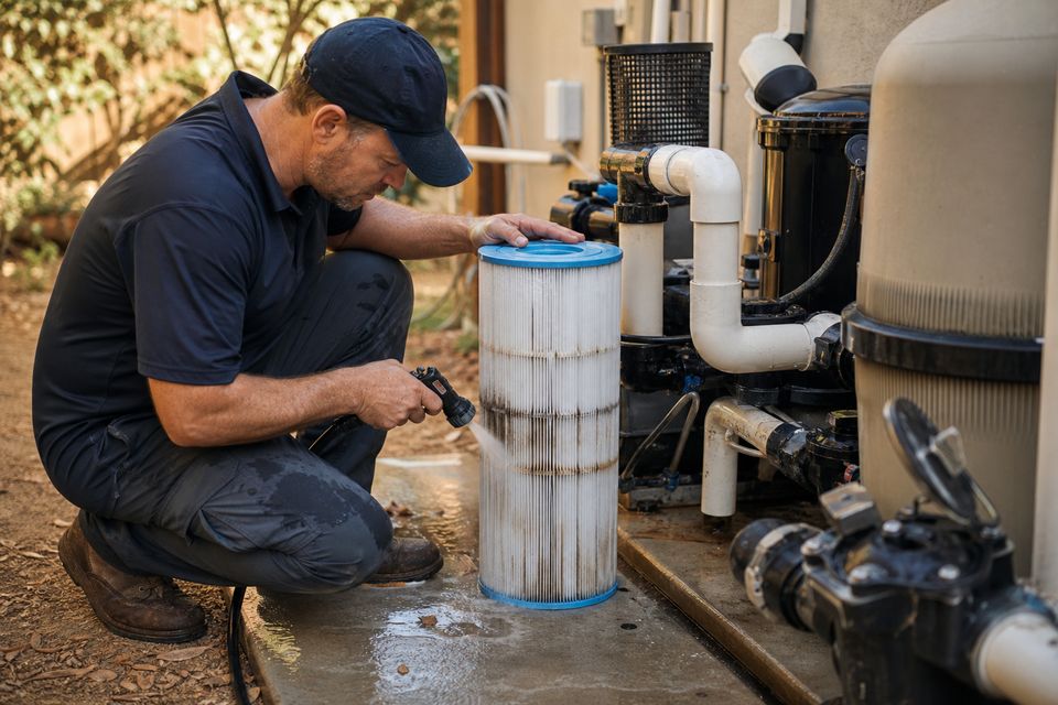 Pool technician cleaning the filter at the equipment pad