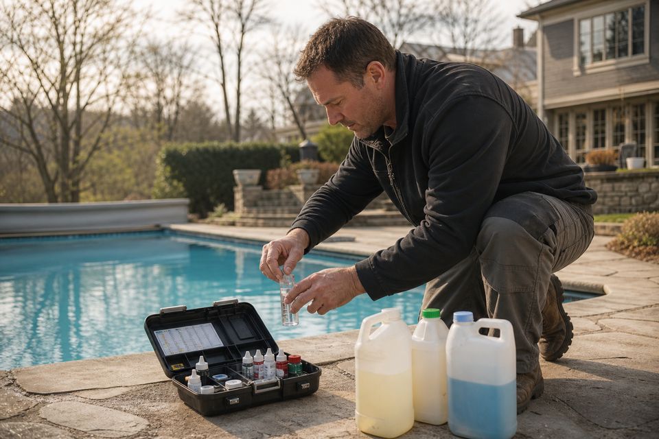 Pool tech testing water chemistry on the deck
