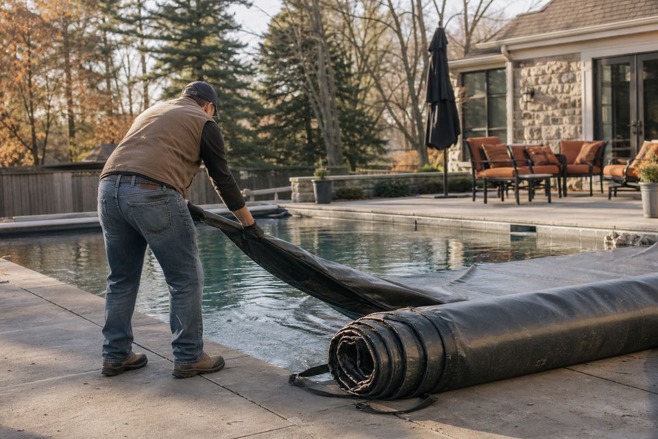 Rolling back a winter pool cover at opening week