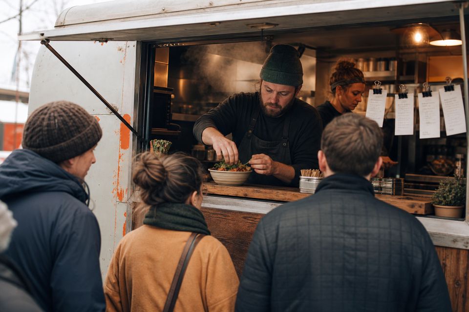 Food-truck service window during a lunch rush