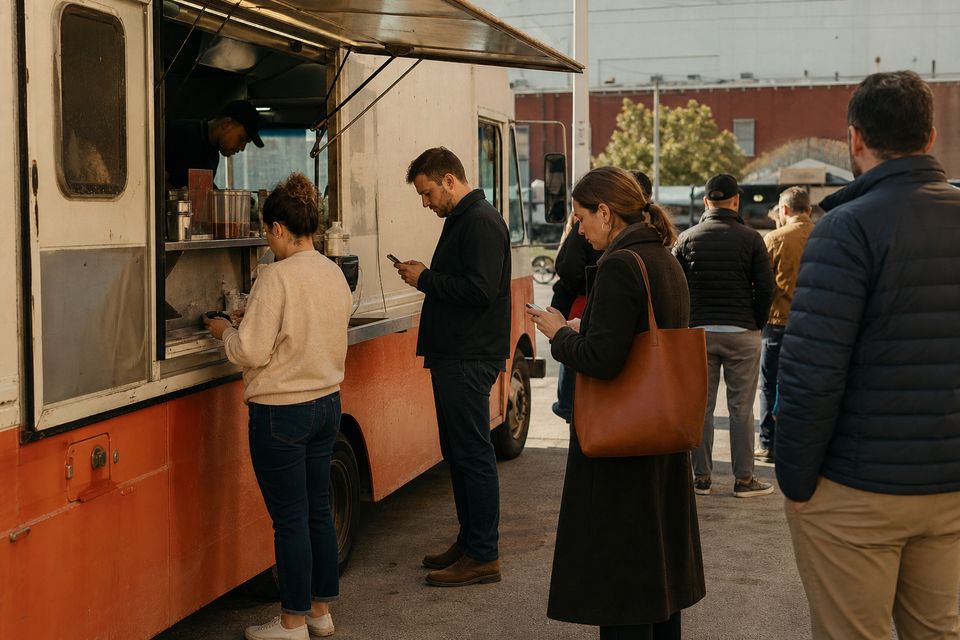 Line of customers outside a parked food truck