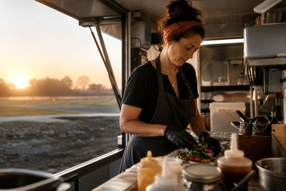 Food truck owner prepping ingredients before service