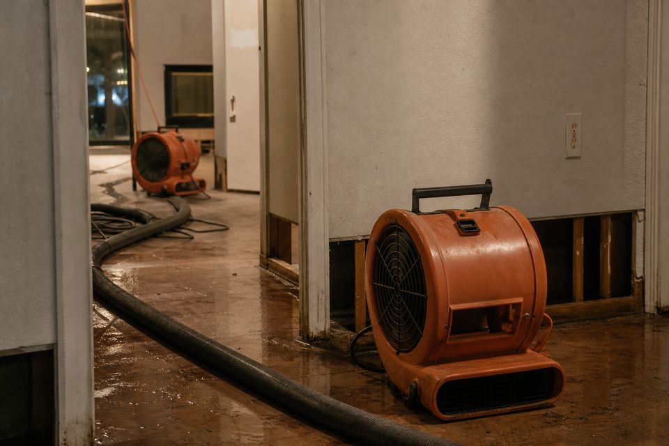 Axial drying fans on a wet subfloor at a water-damage job