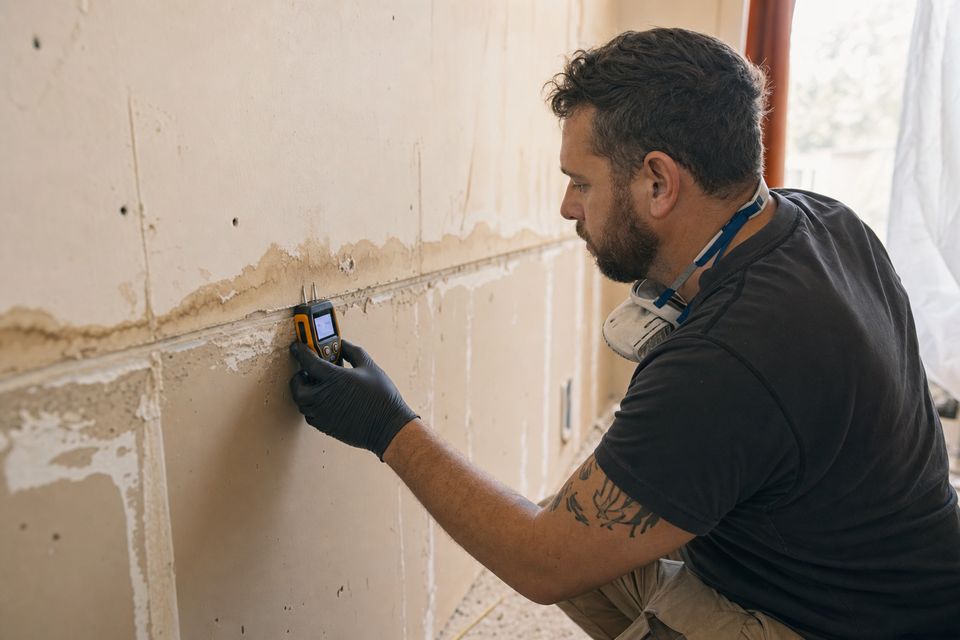 Restoration tech checking moisture in damaged drywall