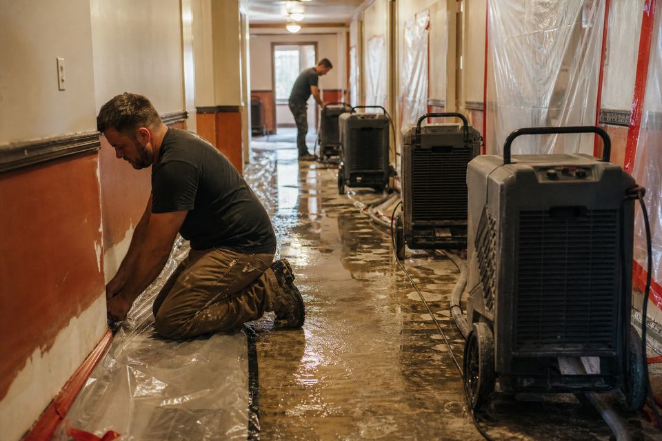 Commercial dehumidifiers in a flooded hallway
