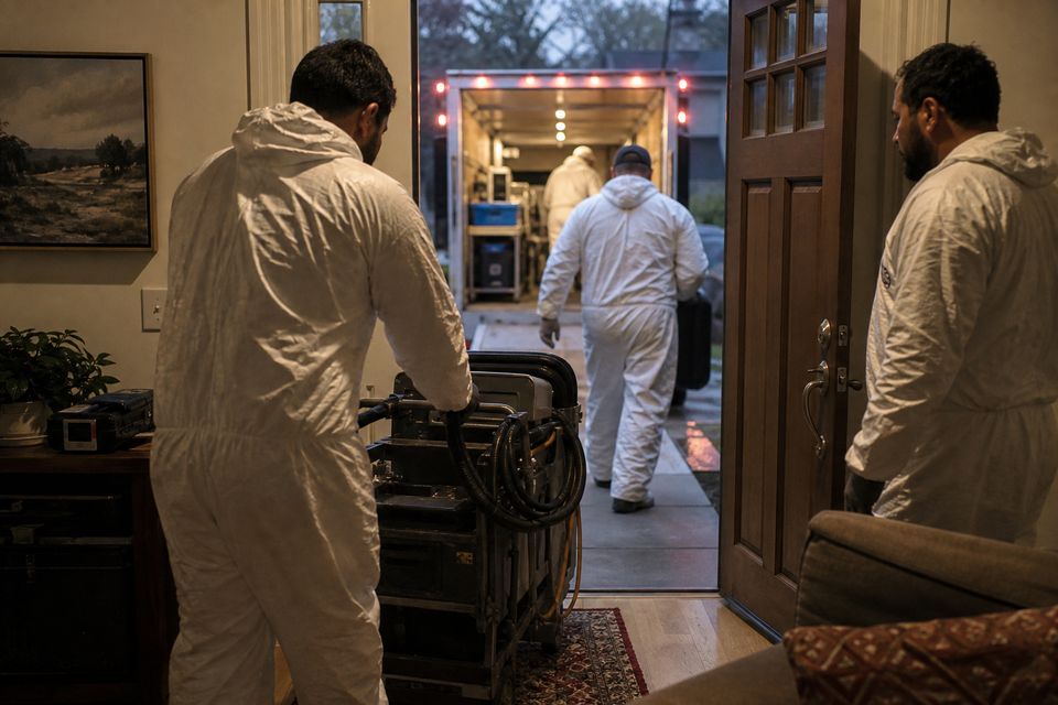 Restoration crew rolling equipment into a house at dusk