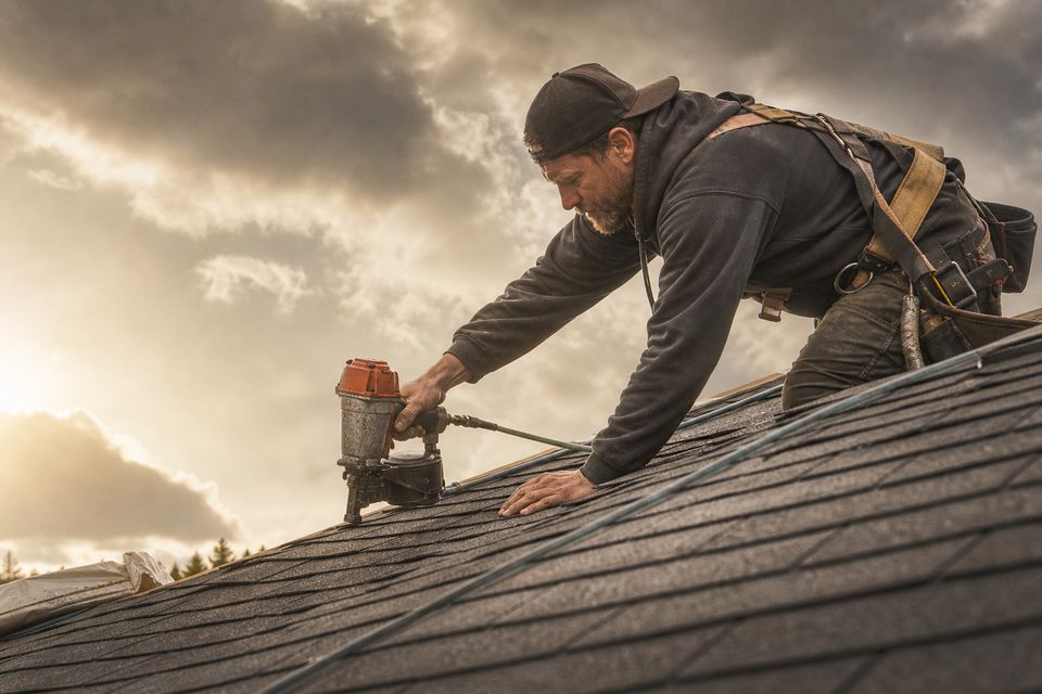 Roofer nailing shingles on a steep roof with a nail gun
