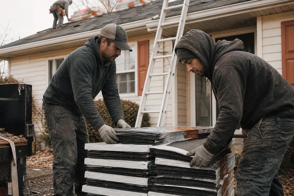 Roofing crew stacking shingle bundles at the base of a ladder