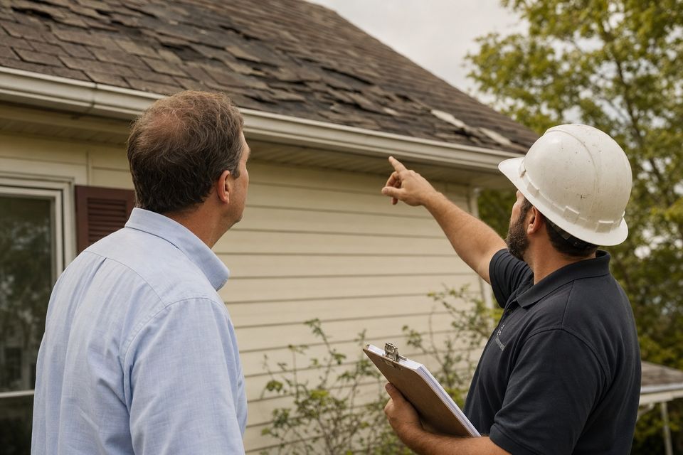 Roofer and homeowner reviewing storm damage on the roofline
