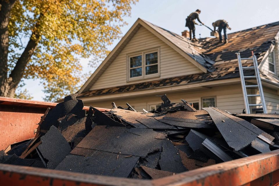 Roof tear-off debris in a dumpster on replacement day