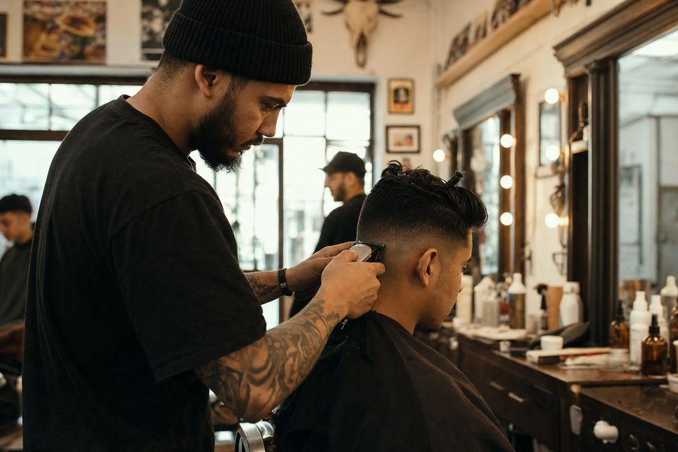 Barber mid-fade with clippers in a busy shop