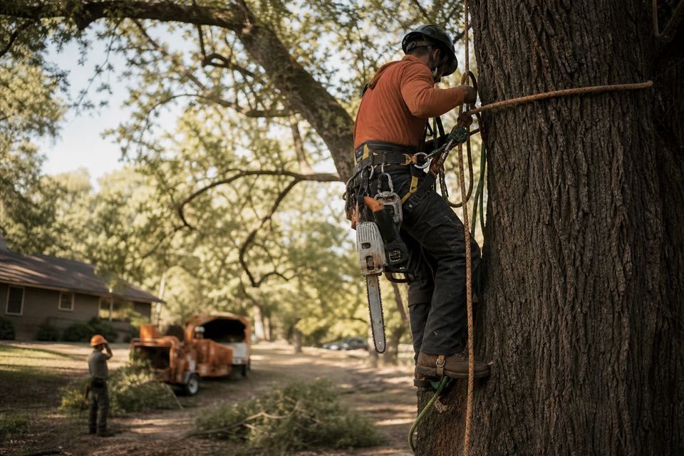 Arborist in harness ascending a large tree