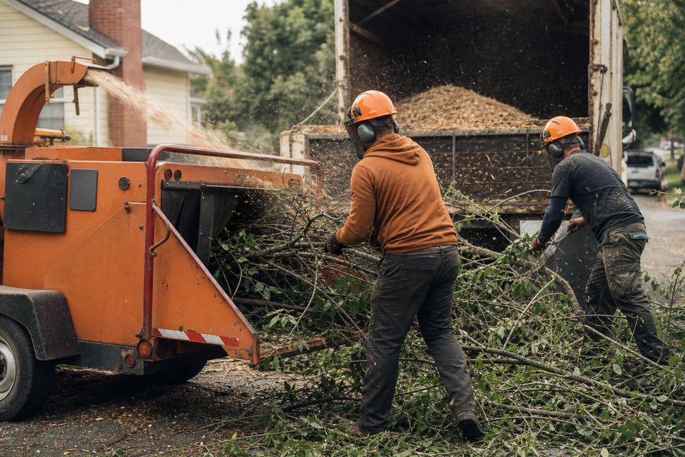Ground crew feeding branches into a wood chipper