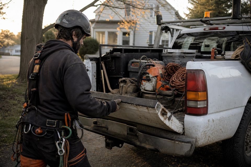 Tree-service truck and gear at dawn