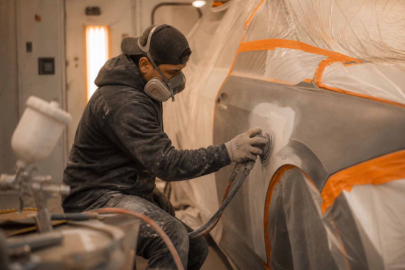 Body technician in a respirator mask sanding a car inside a collision repair booth