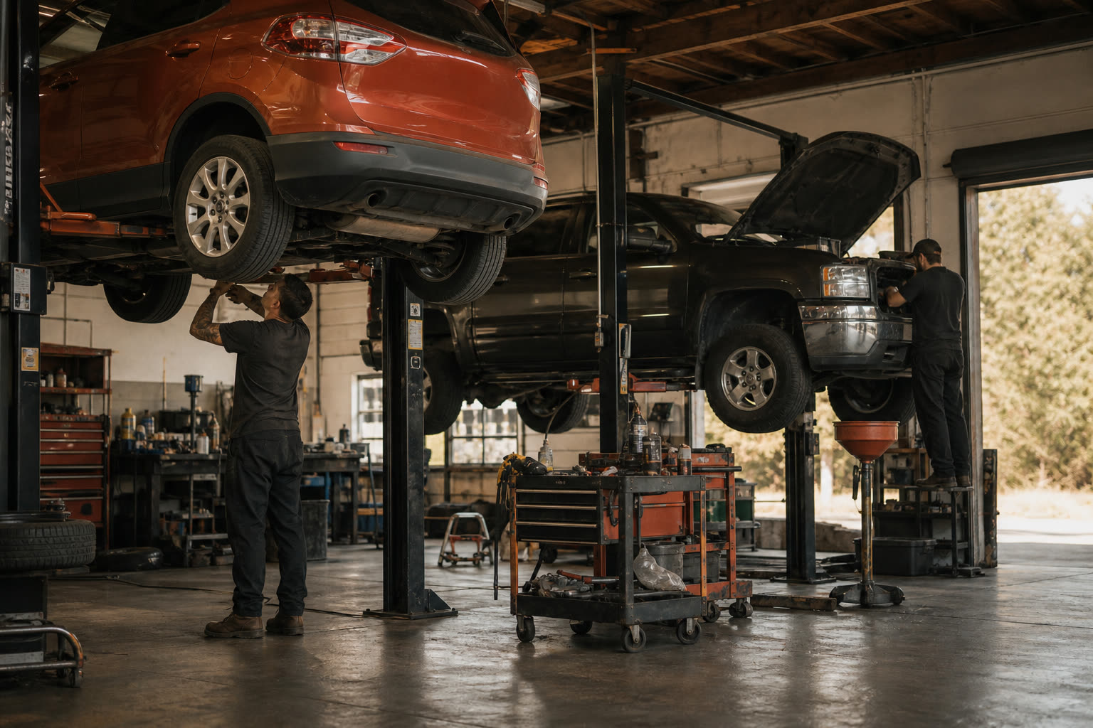 Auto repair shop with vehicles on lifts and technicians working in the bays