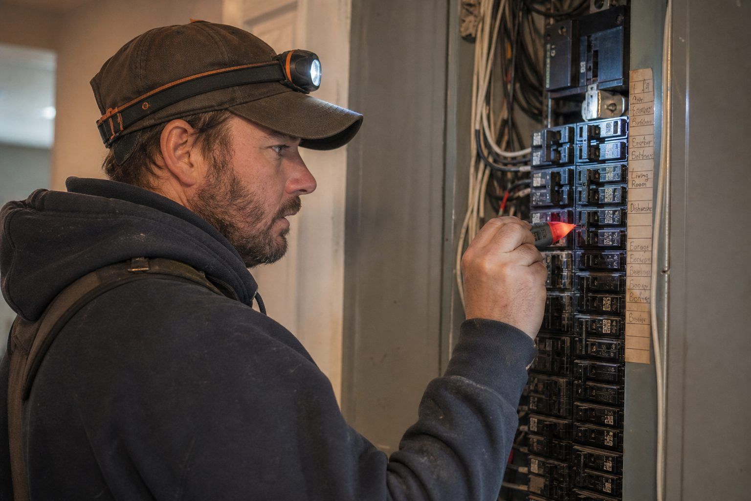Electrician at an open breaker panel with a voltage tester