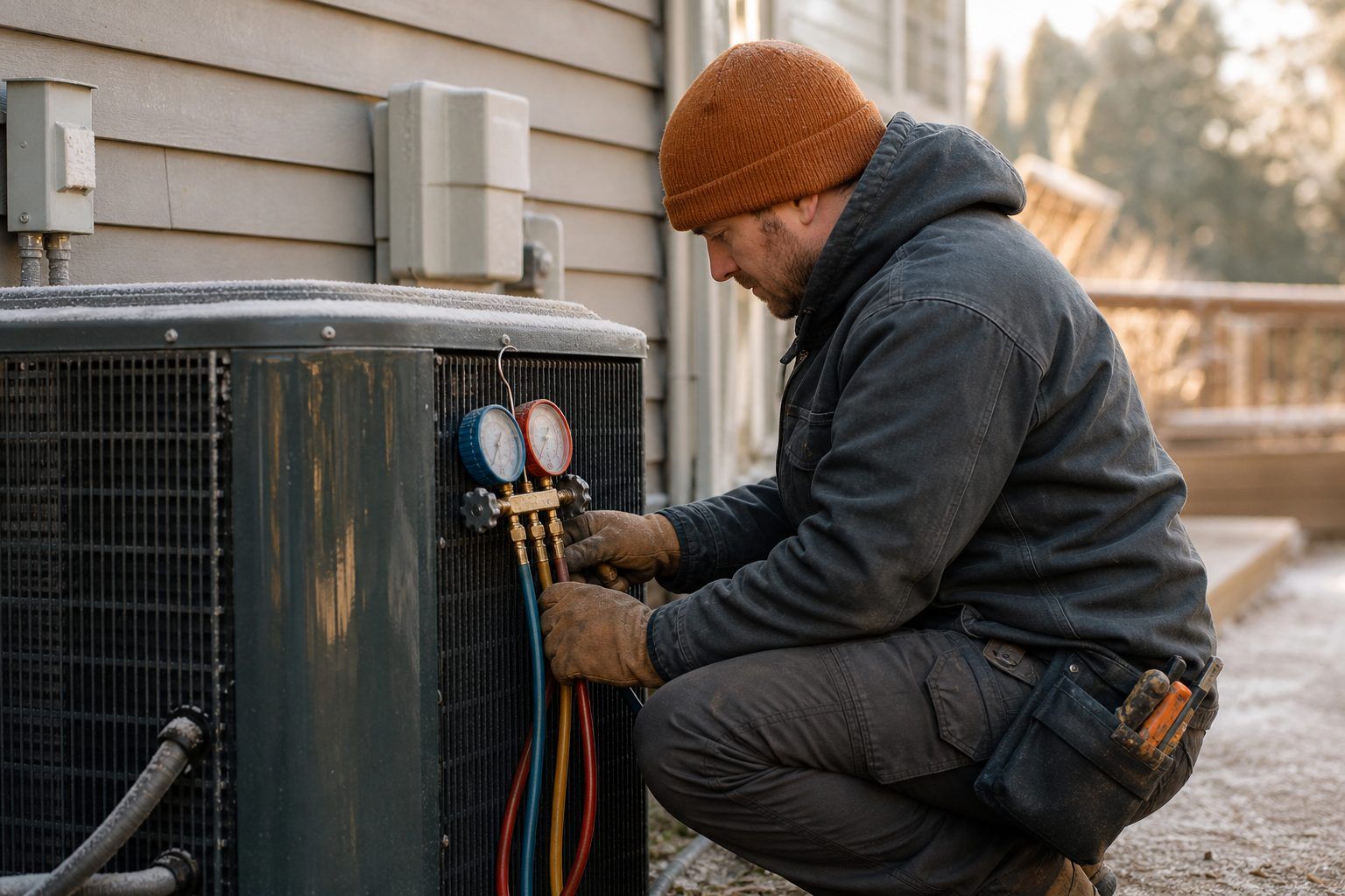 HVAC tech at an outdoor condenser with manifold gauges hooked up