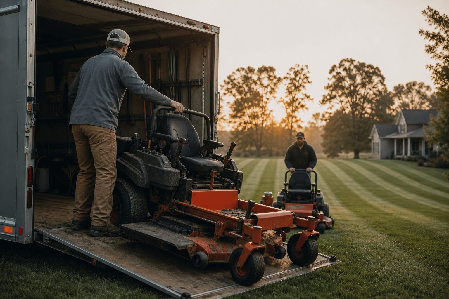 Crew unloading zero-turn mowers off a trailer at first light