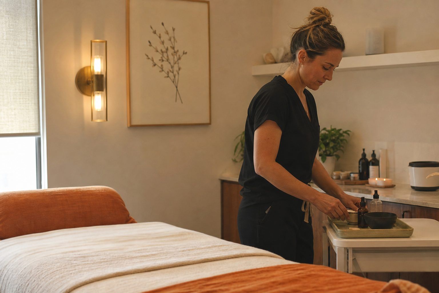 Practitioner prepping a tray in a calm med-spa treatment room