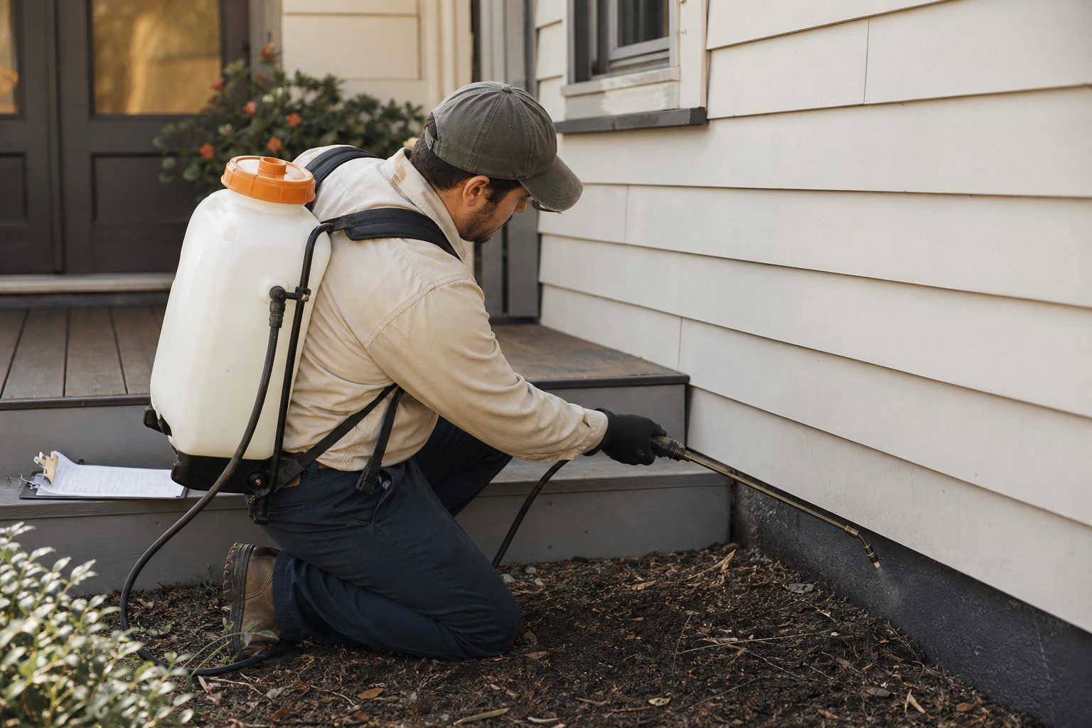 Pest tech with a backpack sprayer treating a home foundation line