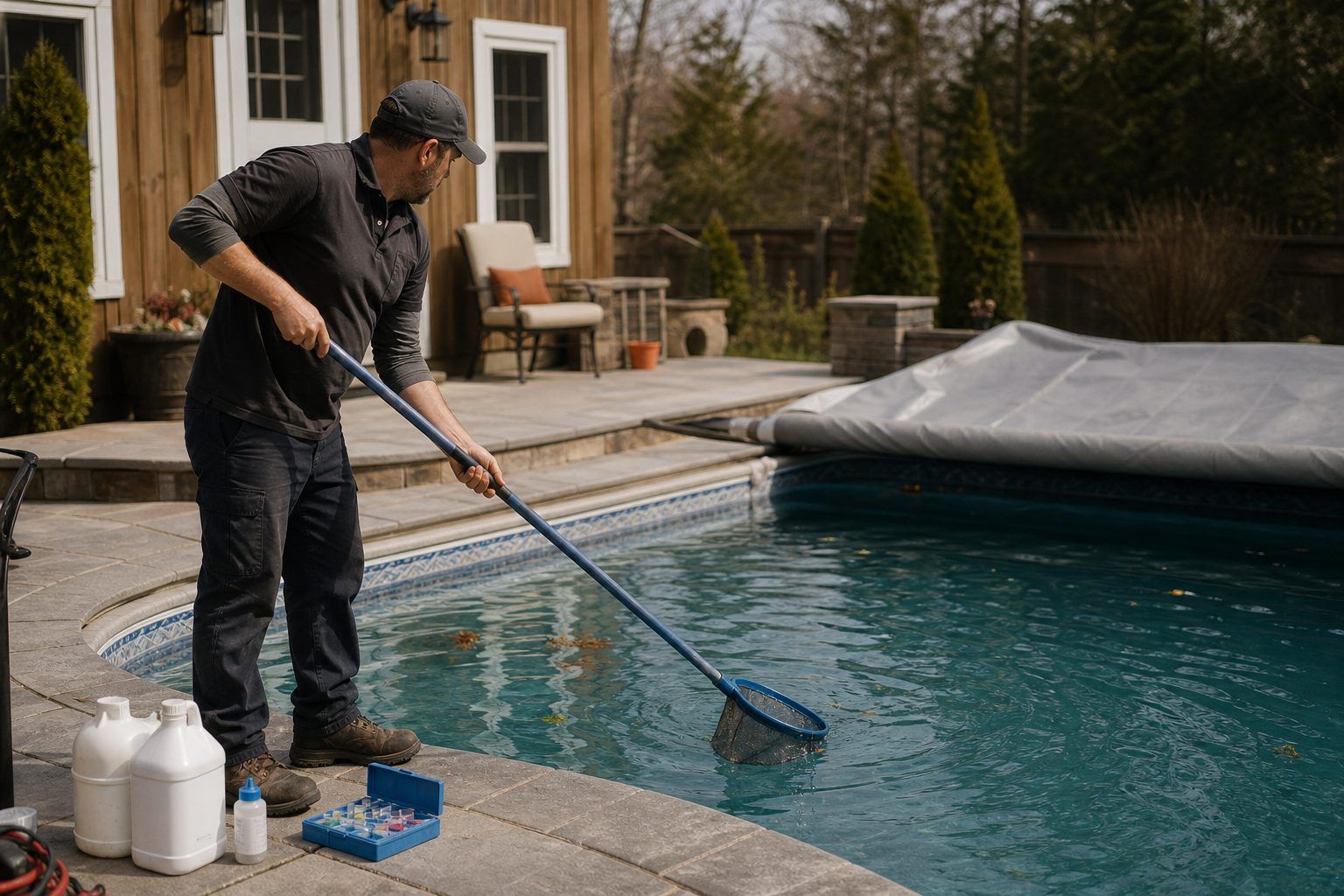 Pool tech skimming a just-opened inground pool in spring
