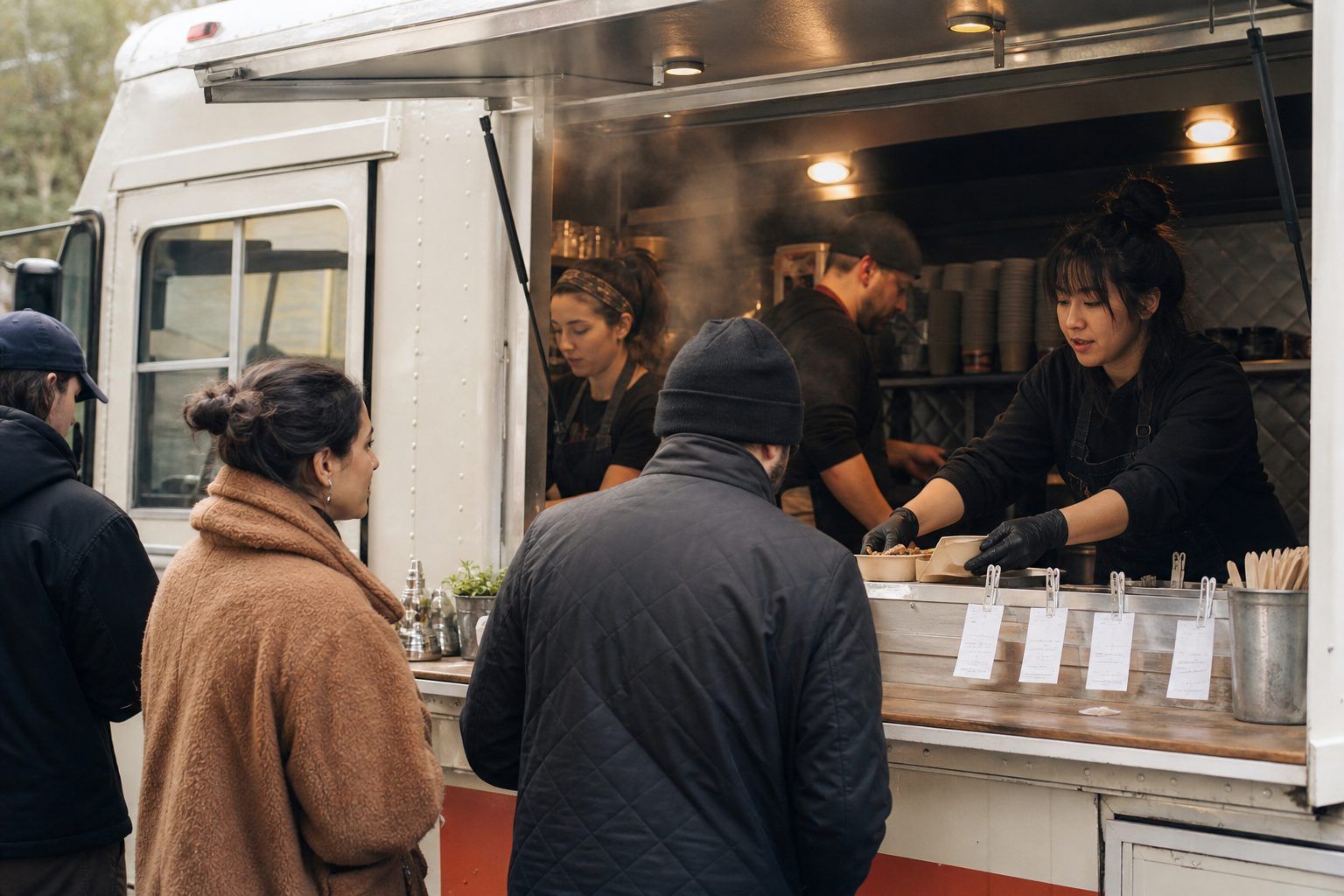 Food-truck service window during a rush with a line outside