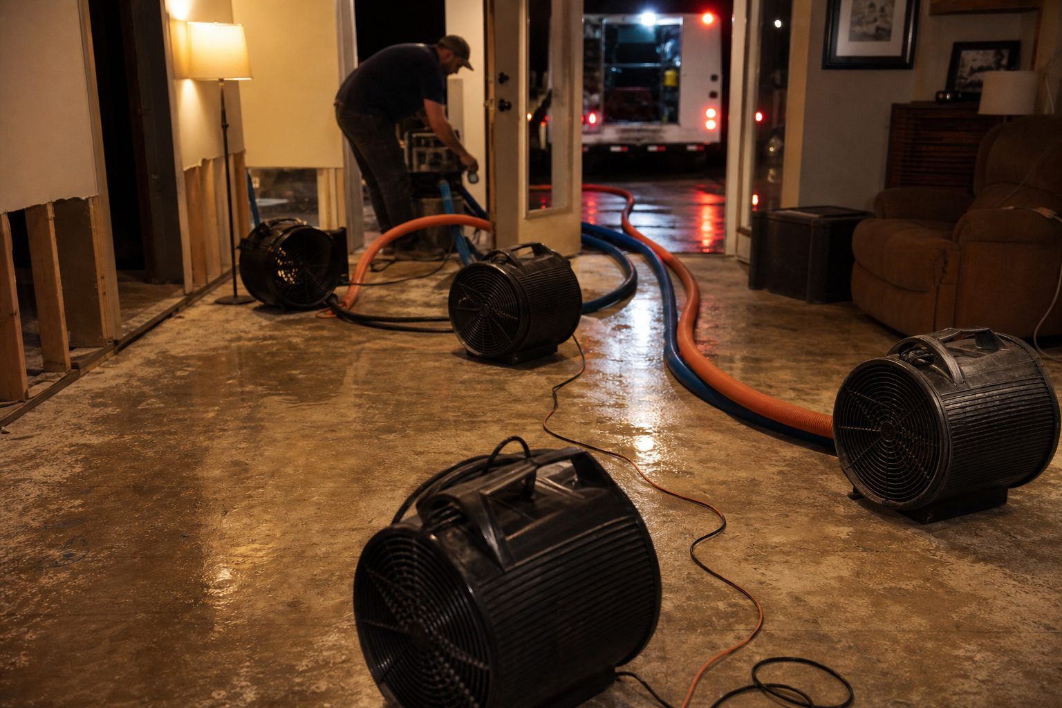 Water-damage restoration fans drying a wet subfloor at night