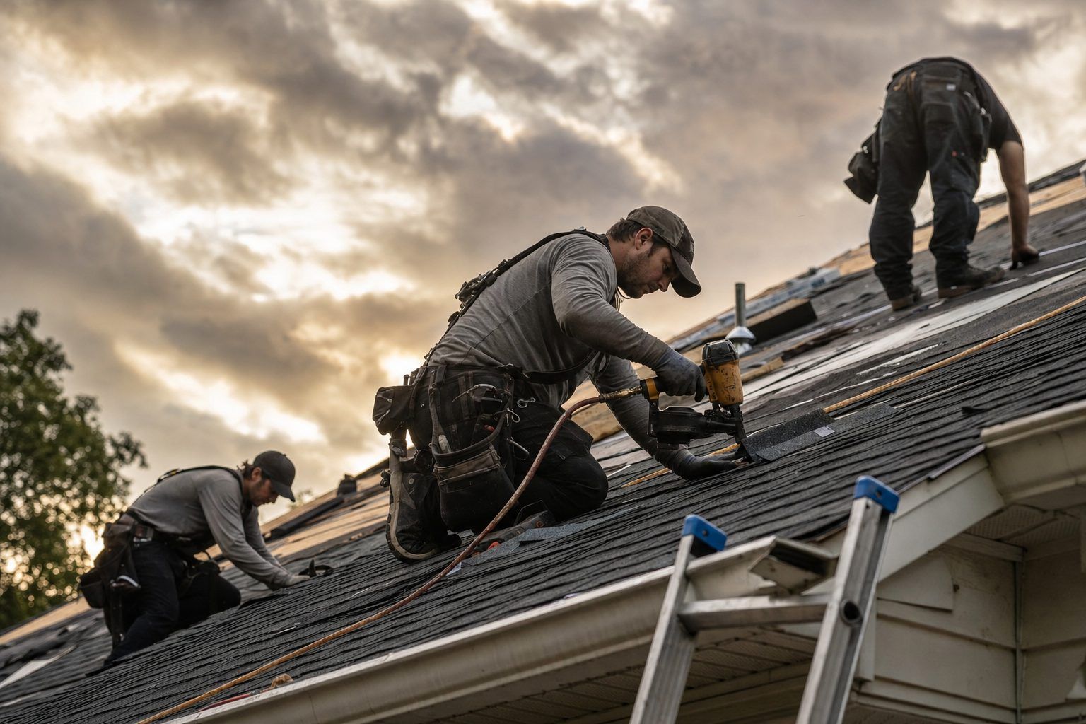 Roofing crew on a steep shingle roof with nail guns and harnesses