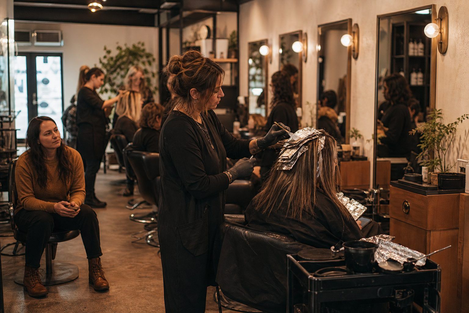 Busy salon with every chair full and a stylist working foils